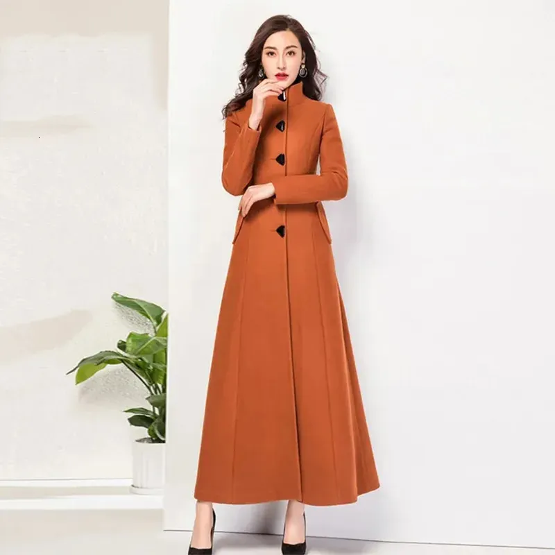 Women's Wool Blends Woolen Coat Women Winter Fashion Slim Standing Collar Long Thin And Pure Color Thick Retro Temperament Woolen Female 231019