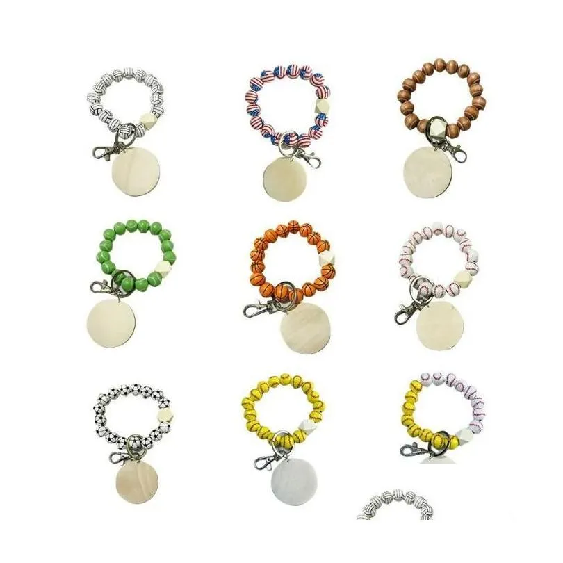 Party Favor DIY Bracelet de perles Porte-clés Pendentif Party Favor Sports Ball Football Baseball Basketball Perle en bois 9 couleurs Home Garden F Dhoxt