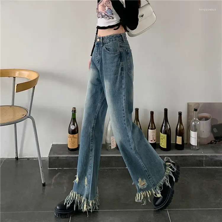 Jeans pour femmes Burr Tassel Ripped Hole Denim Pantalon Délavé Bleu Taille Haute Droite Femmes Mode Esthétique Boyfriend Y2k Coréen