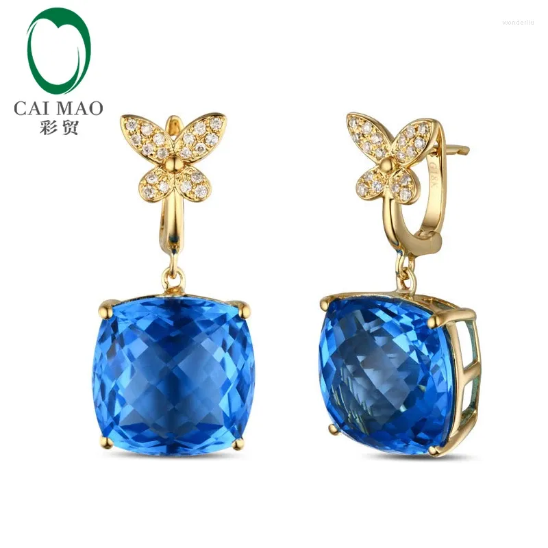 Boucles d'oreilles pendantes 18,06 ct magnifique damier topaze bleue H SI pavé de diamants à levier