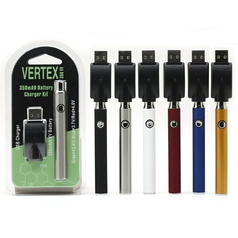 Vertex 350mAh Batteri Förvärm batterier Blister USB Charger Sats Pen 510 Trådspänningsjusterbar förvärmningsladdare 3 förpackning