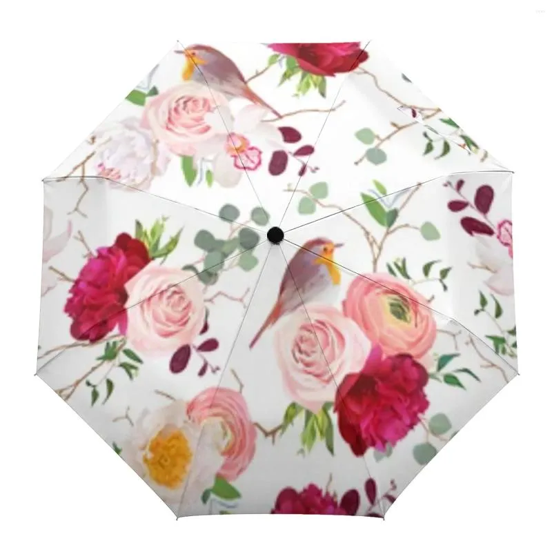 Umbrellas Cute Bird And Rose Automatic Umbrella Portable Folding Sunny Rainy Women Parasol