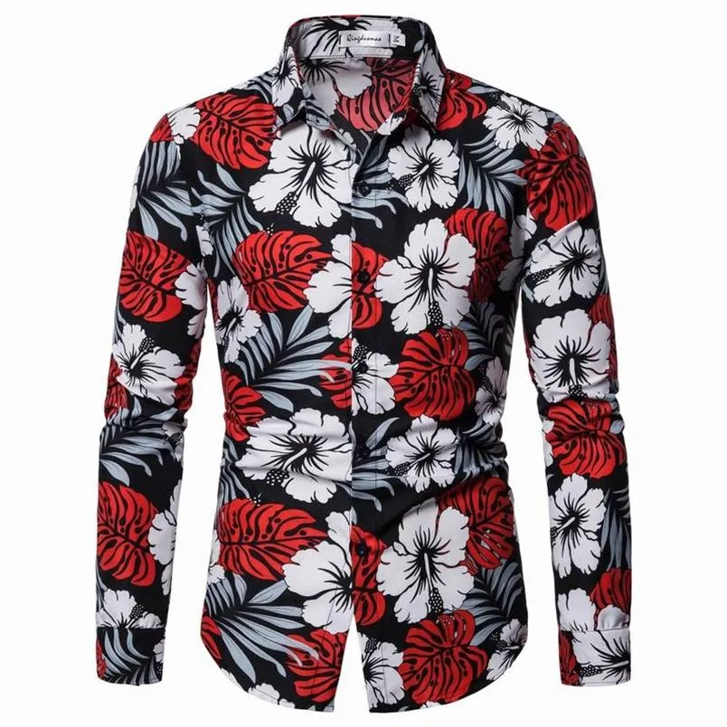 Hawaiianische Herrenhemden Herrenblusenkleidung Strandmode Freizeitkleid Blumen Herrenhemd Langarm New266o