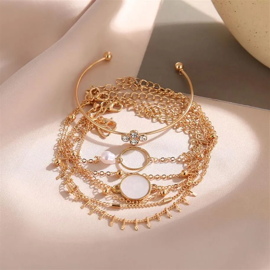 6PCS Fashion Crystal Bracelets Sets for Women Gold Charms Hand Chain Stackable Wrap Bangle Adjustable Bracelet Jewelry334Z