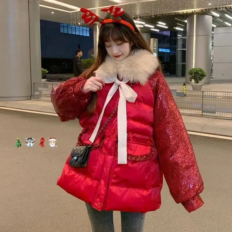 レディースダウンホワイトコットンパッドジャケット女性冬の韓国のルーズミッドレングスパーカー本物のスパンコールの毛皮の襟