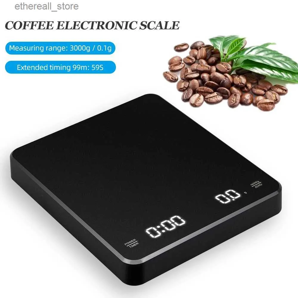 Badrumskök skalor 0,1 g/3 kg elektronisk kaffeskala häll över espresso elektronisk skala auto timer hög precision smart kök skala USB laddning q231020