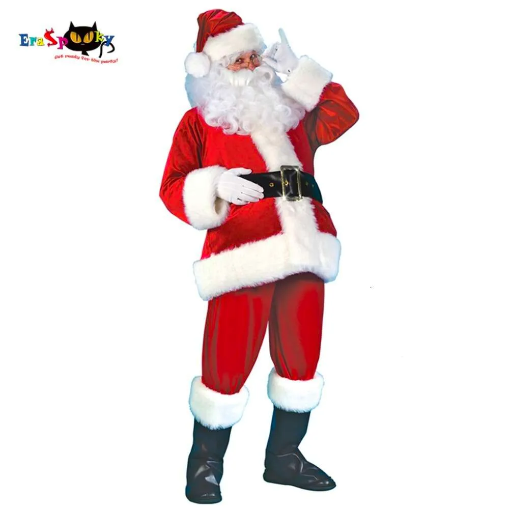 コスプレeraspooky men santa clausコスチューム厚さクリスマス服フルコートパンツベルトグローブブーツ5 pcs setcosplay