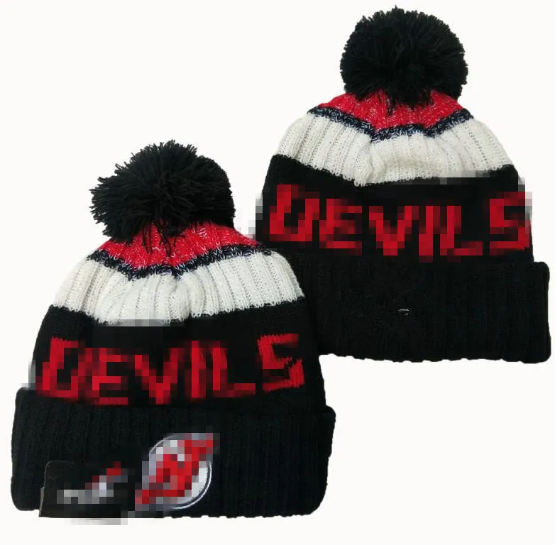 Men's Caps Hockey Ball Hats Devils Beanie All 32 Teams Knitted Cuffed Pom NEW JERSEY Beanies Striped Sideline Wool Warm USA College Sport Knit Hats Cap for