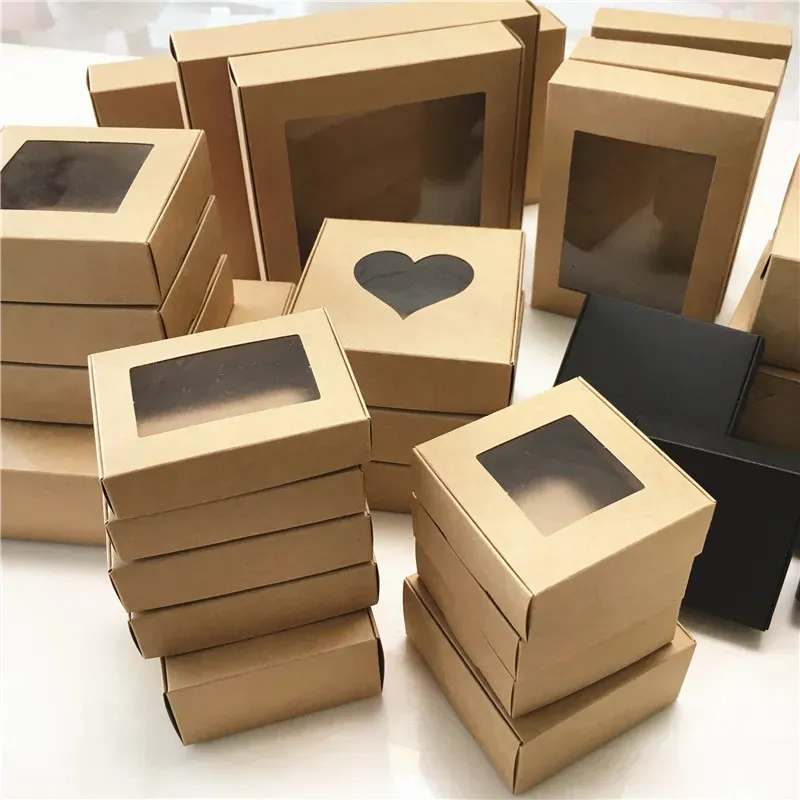 Present Wrap 50st Paper Wedding Favor Present Box Kraft Paper Cookies Candy PVC Windows Boxes Birthday Party Accessories smycken Kraft Box 231020