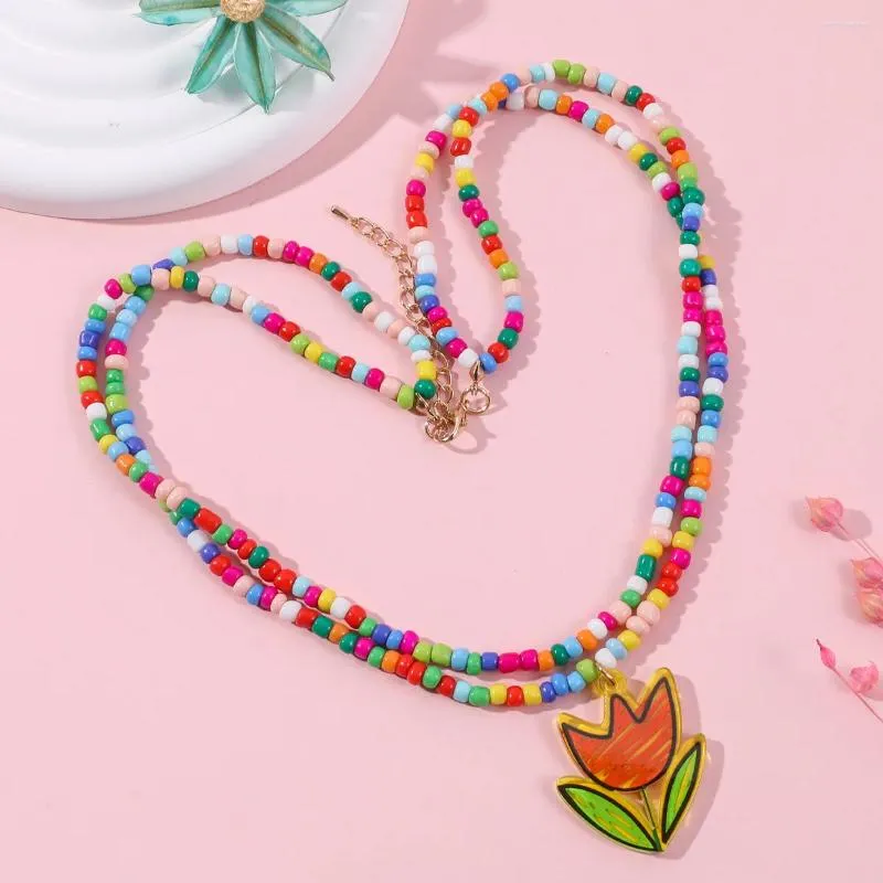 Anhänger Halsketten Bunte Perlen Acryl Blume Mehrschichtige Halskette Für Kinder Niedliche Schmuck Charms Geschenk Großhandel