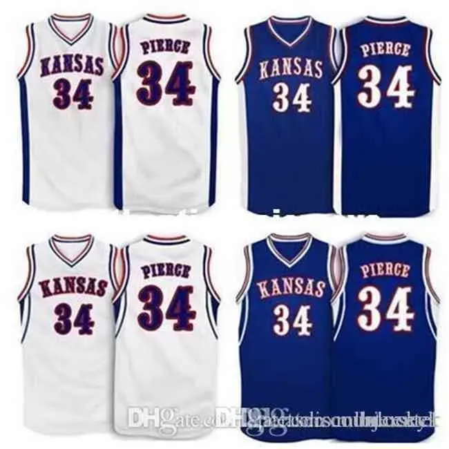 Factory Outlet Cheap Custom #34 Paul Pierce Kansas Jay Basketball Jersey White Blue Embroidery Stitched Personalized Custom Jerseys ves