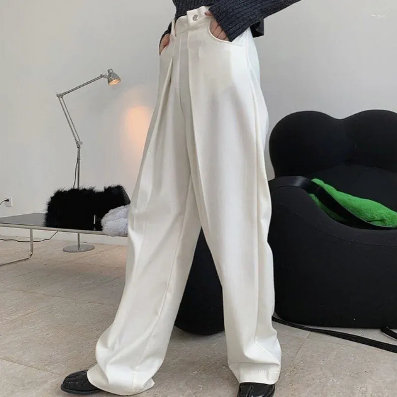 Women's Pants Office Autumn Lady Wide Leg Suit Loose Fit Straight Casual High Street Waist Solid White Trousers Women S-L