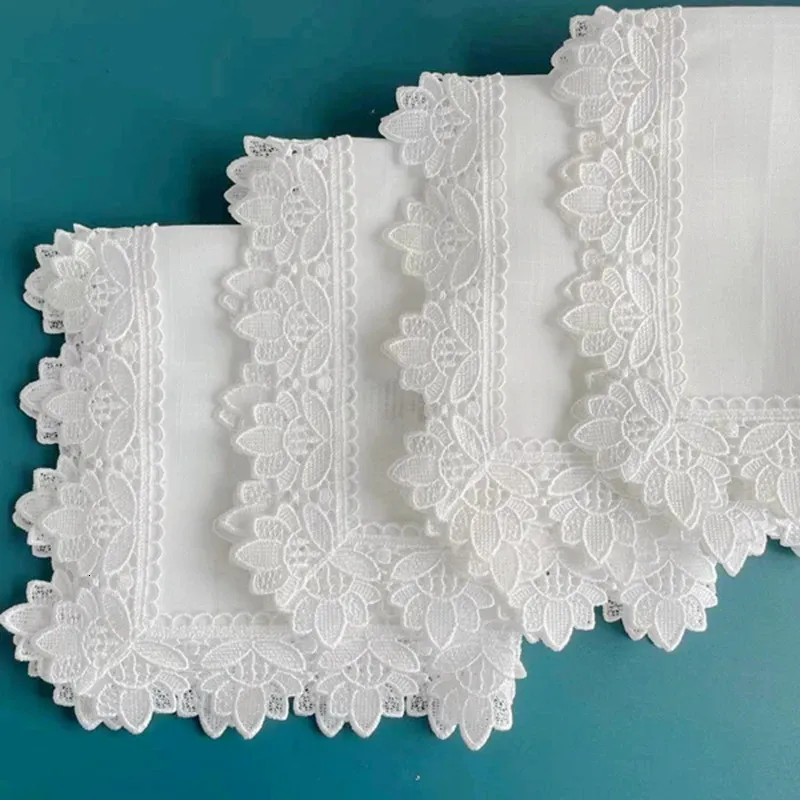 Table Napkin 12 Pieces Lace Napkins White Hemstitch Cocktail For Party Wedding Linen Fabric Cotton Dinner 231020