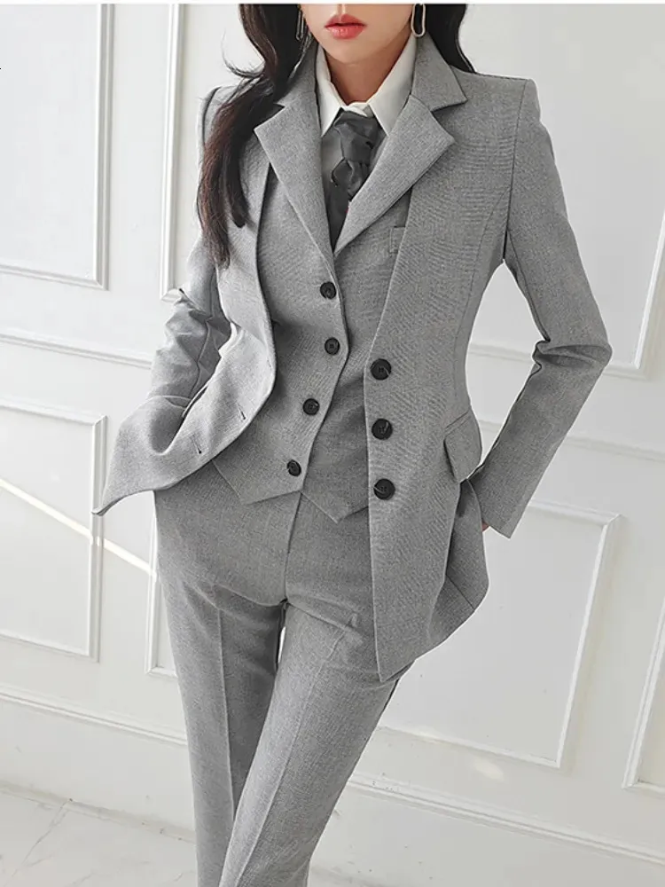 Kadınlar Suits Blazers Kadın Vintage Yüksek Kaliteli Ofis Takım Bayanlar İş Pantolon Giyim OL Pantsuits Resmi Kadın Blazer Ceket Yelek Pantolonları 3 Parça Set 231020