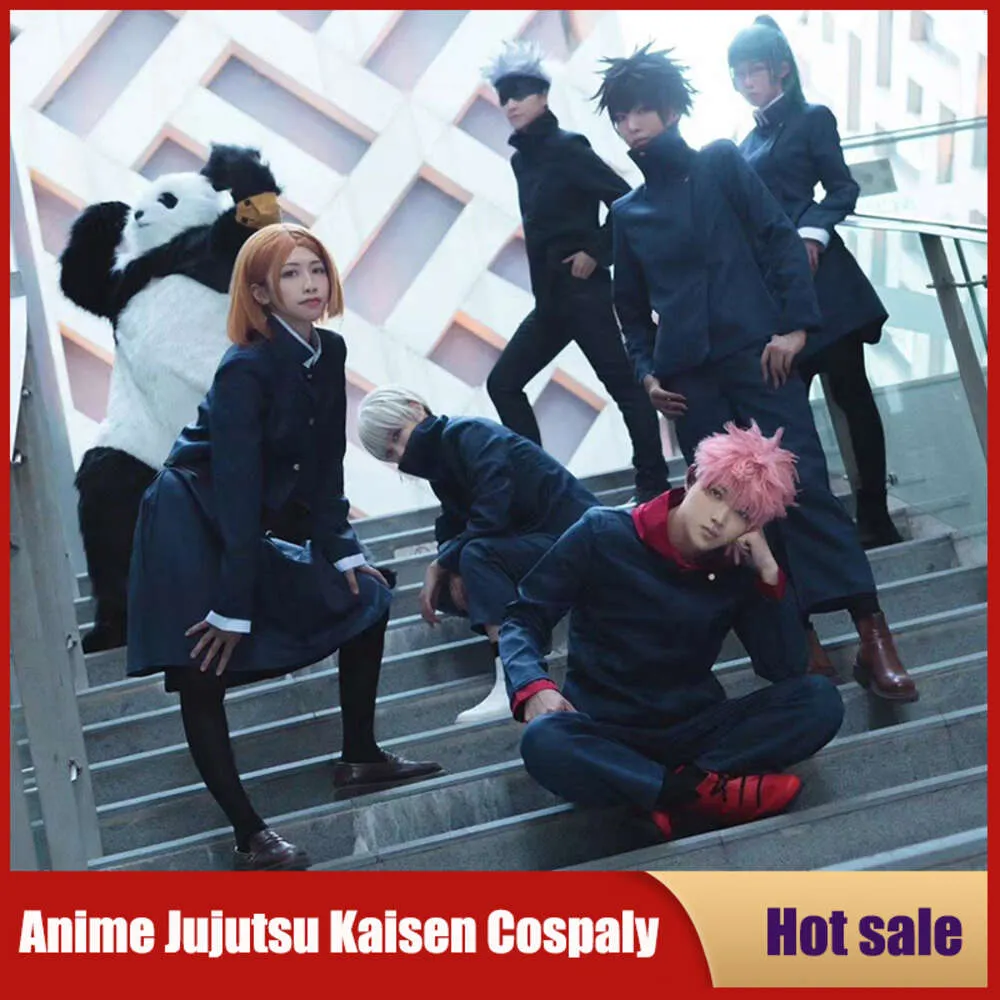 Cosplay Anime Jujutsu Kaisen Cosplay Gojo Satoru Costume haut pantalon bleu noir uniforme de lycée unisexe Halloween carnaval fête perruque ensemble