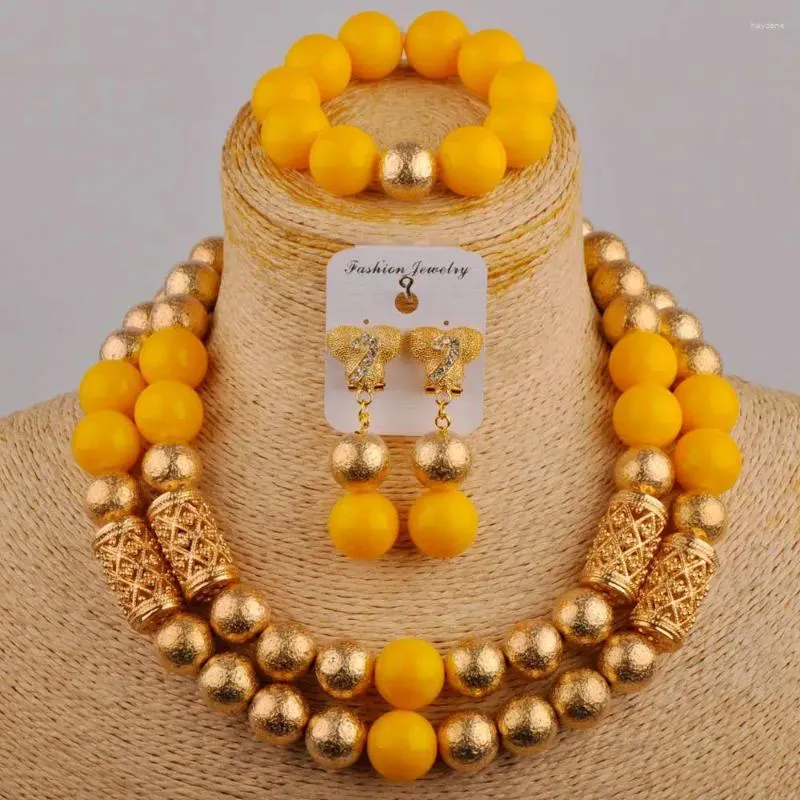 Collana Orecchini Set Donne africane Gioielli da sposa Perla di vetro giallo Accessori per abiti da sposa nigeriani SH-148