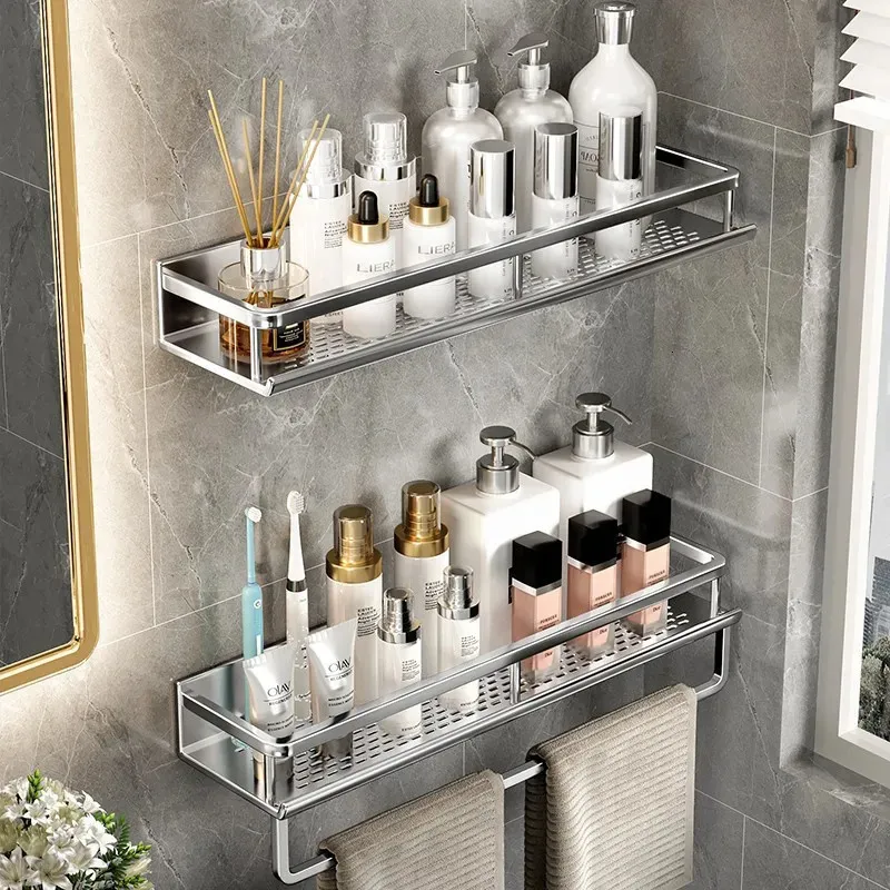 Estantes de baño estante soporte de almacenamiento montado en la pared con barra de toalla espacio aluminio engrosado organizador plateado accesorios 231019