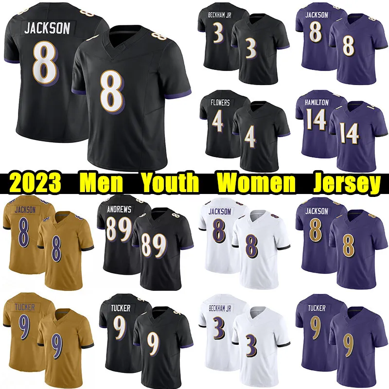 # 8 Lamar Jackson camisetas de fútbol # 3 Odell Beckham Jr. Zay Flowers Kyle Hamilton Justin Tucker Odafe Oweh Marlon Humphrey Patrick Queen Ray Lewis Camisetas de Mark Andrews