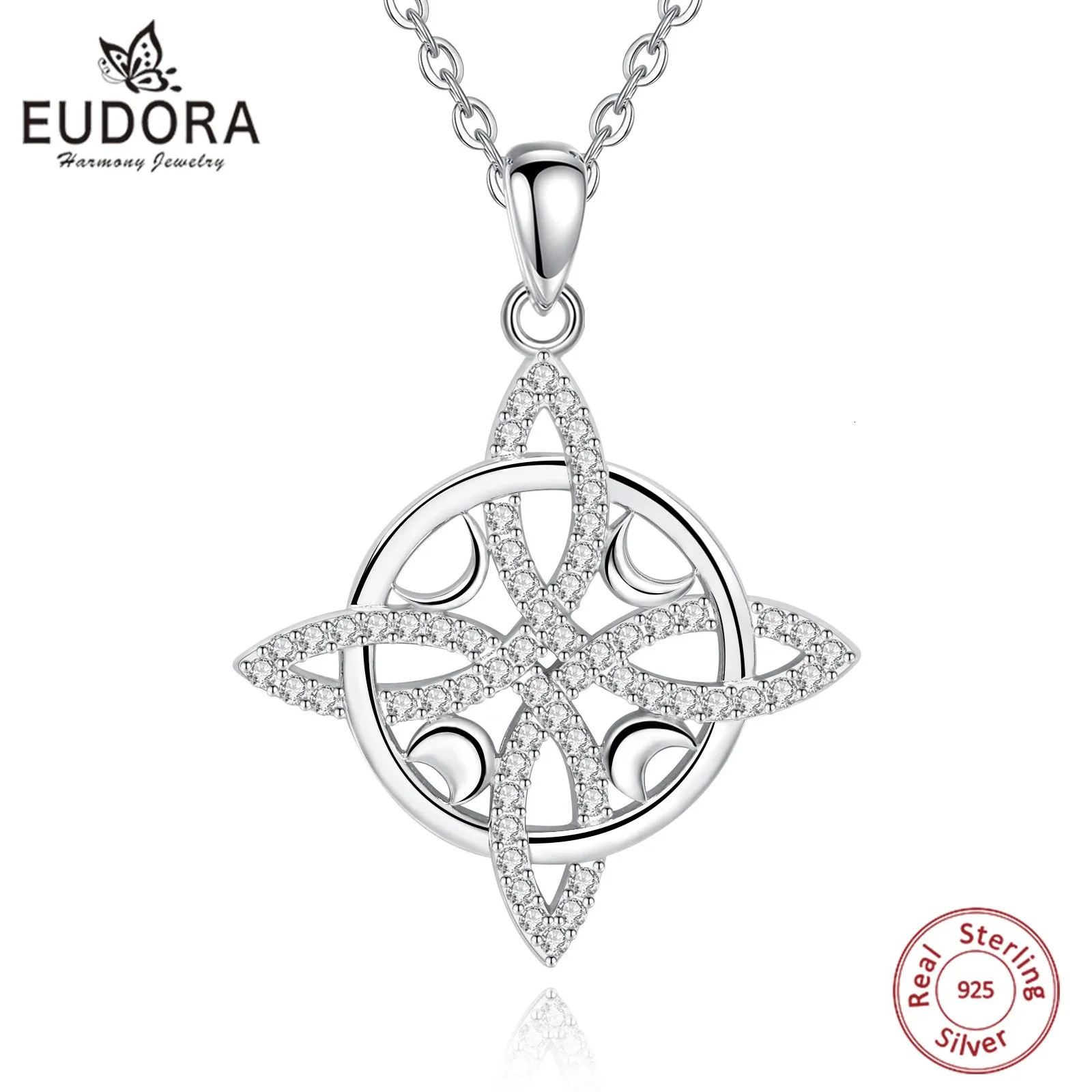 Pendant Necklaces Eudora 925 Sterling Silver Witch Celtic Knot Geometry Necklace Moon Wicca Amulet Pendant Trendy Witchcraft Jewelry Party Gift 231020