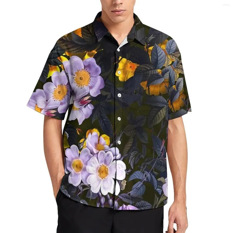 Chemises décontractées pour hommes Chemise florale violette Vacances de forêt de minuit Lâche Hawaii Blouses drôles à manches courtes Vêtements surdimensionnés graphiques