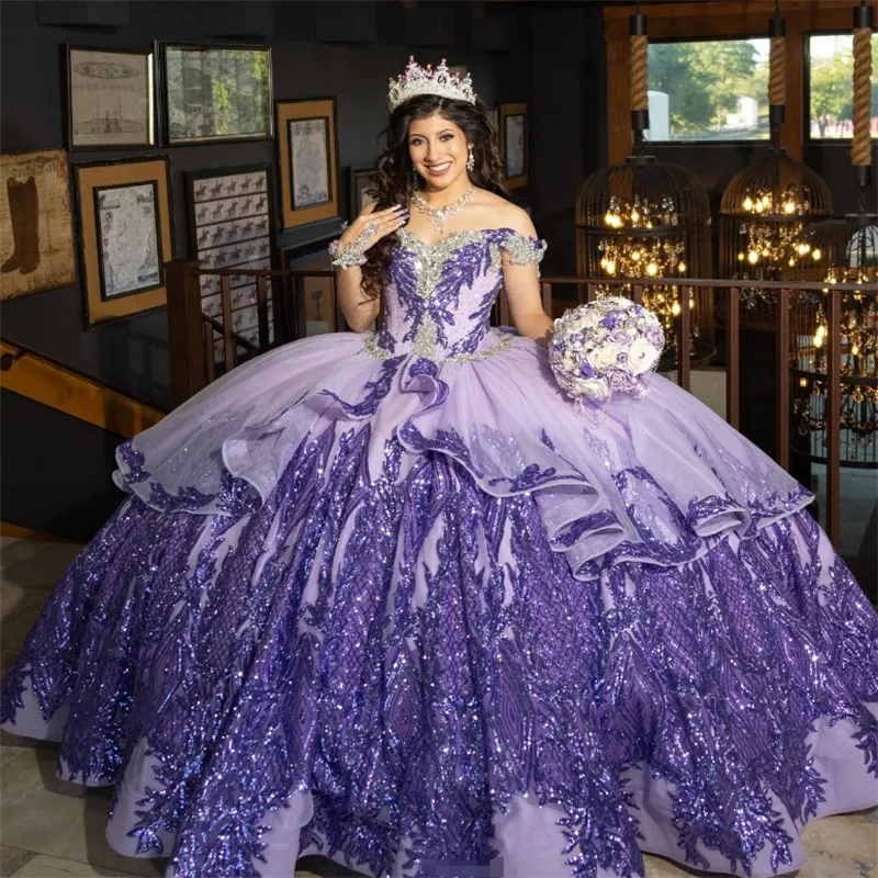 Принцесса Фиолетовый Сиреневый Quinceanera Платья Мексиканское Платье-дебютантка с блестками 2024 года на день рождения Vestido De Xv Anos Mariachi Sixteen Charro Vestido De 15 Anos Para Custom