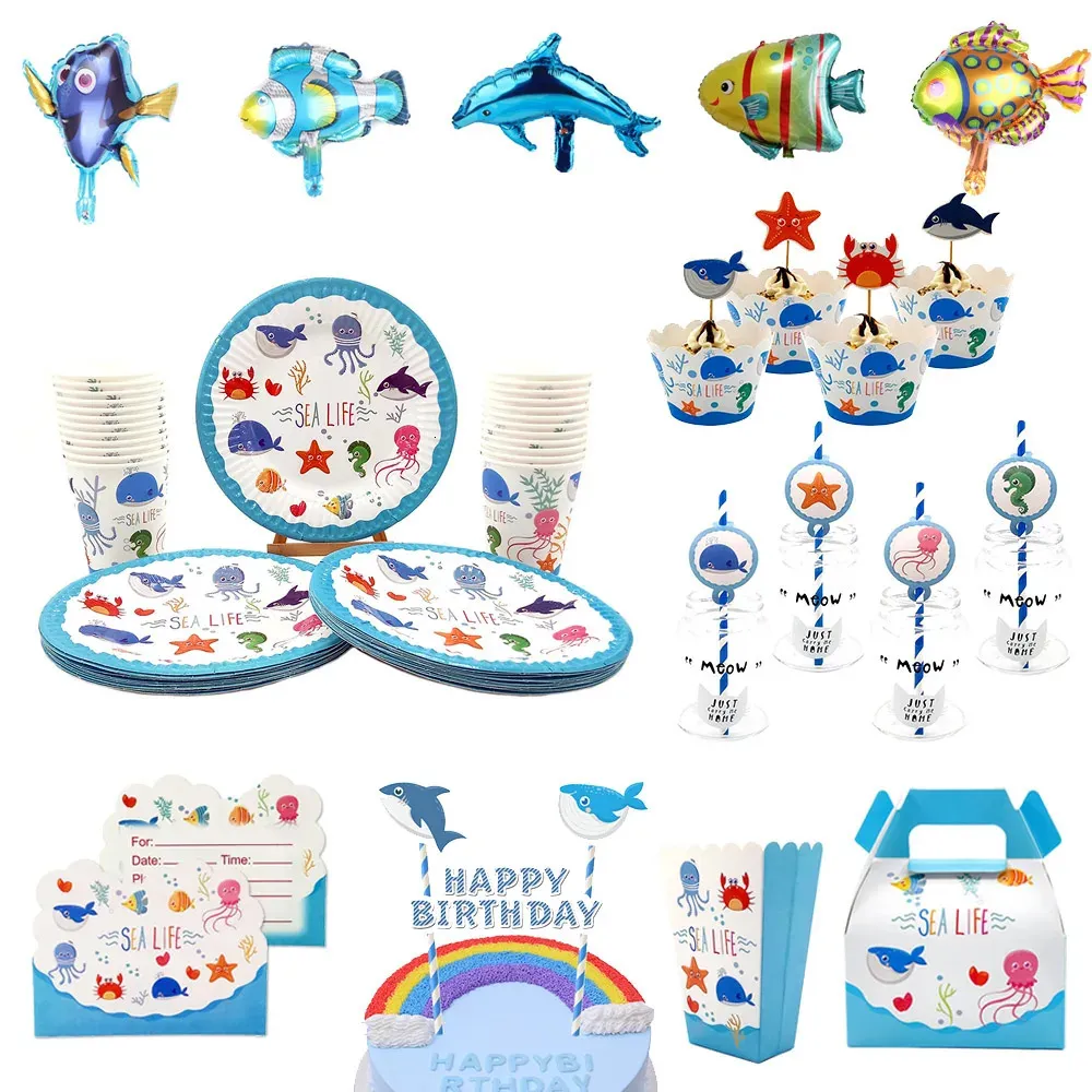 Autres fournitures de fête d'événement Enfants Garçons Filles Anniversaire Sea Life Marine Animal Vaisselle Cadeau Sac Cadeau Faveur Tatouage Autocollant Clap Circle 231019