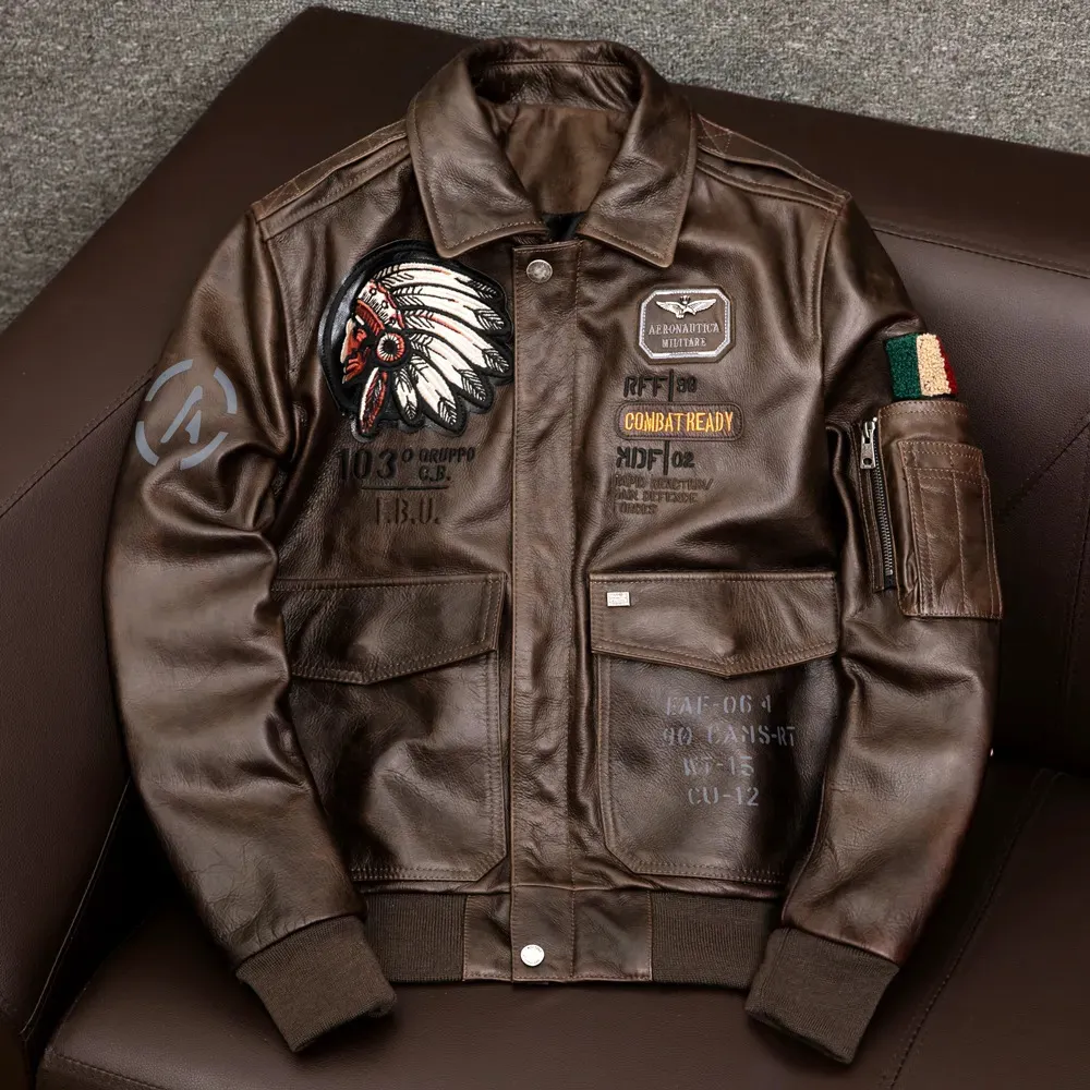 Mens Brown Leather Motorcycle Jacket A2 Pilot Style Bomber 