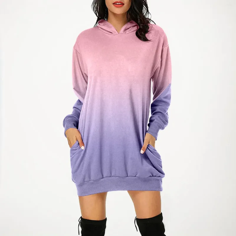 Vestidos casuais com capuz moletom vestido mulheres gradiente cor hoodie manga longa sundress com bolso streetwear pullovers sudadera mujer