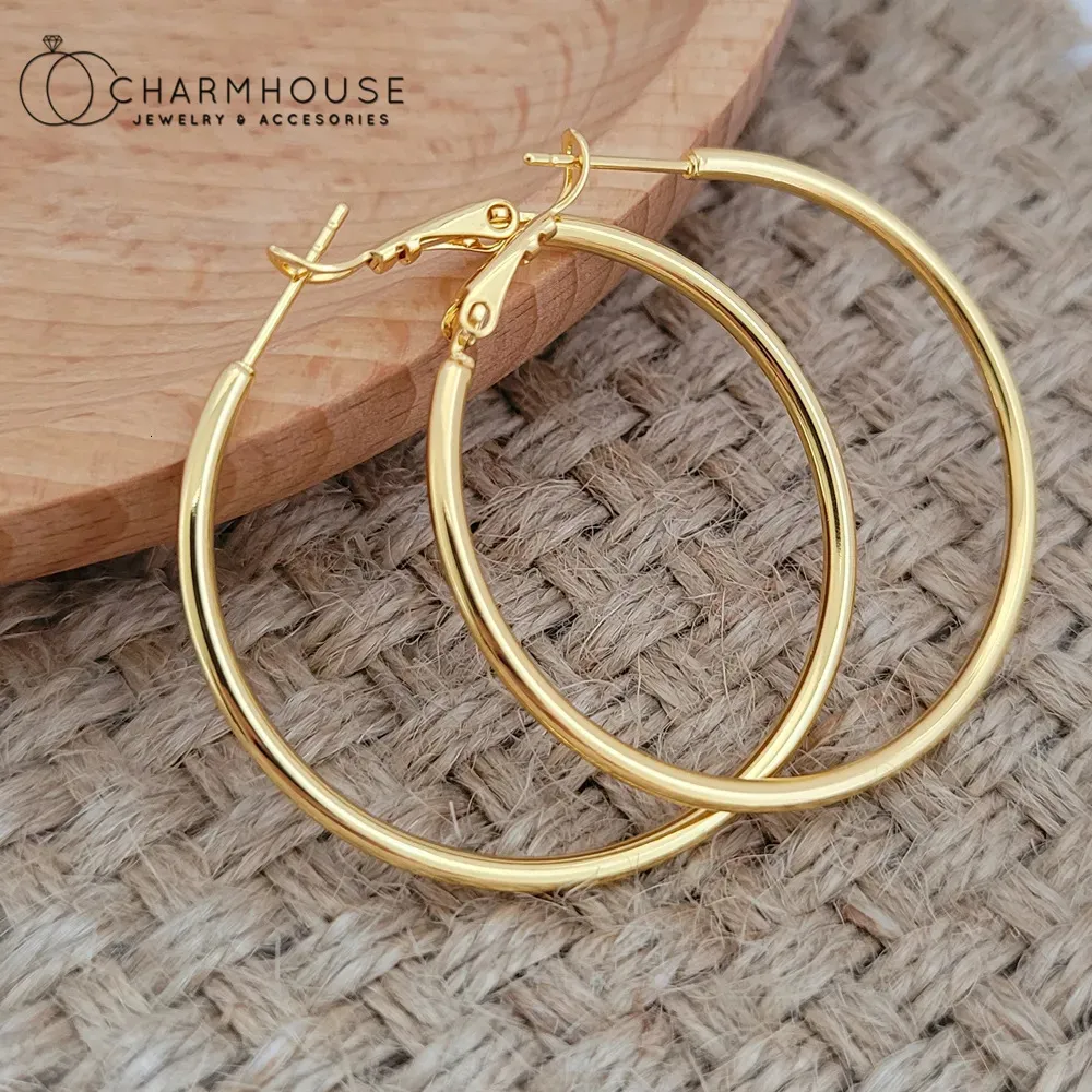 Kolczyki z Gold Gold Hoop 24K żółte okrągłe okrągłe kolczyki kolczyne duże koło dla kobiet 30405060 mm gładkie mankiety ucha biżuteria 231020