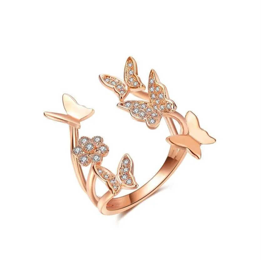 Кольца кластера, милое женское кольцо с бабочкой, цвет розового золота, открытый для женщин, с высококачественным камнем кубического циркония, ювелирные изделия Gift194i