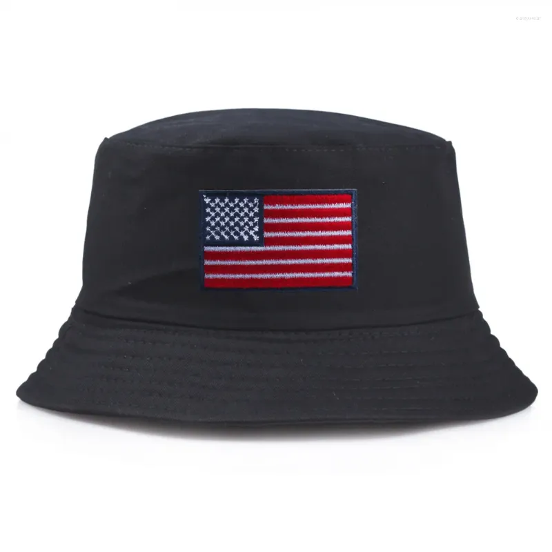 Berets Summer America Flag USA Bucket Hat For Women Men Bob Double-sided Panama Caps Sun Black Cotton Fishing Fisherman 2023