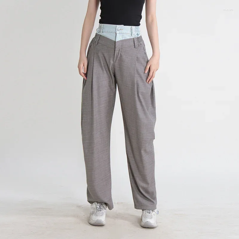 Kadın Pantolon Kontrast Denim Panel Yarım Elastik Çift Bel Gevşek Pileli Gösteri İnce Damalı Harlan