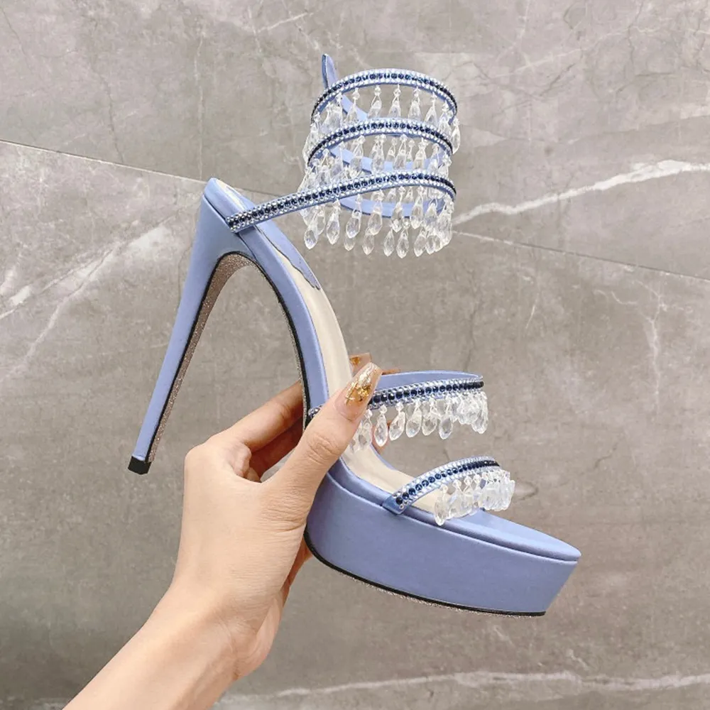 René Caovilla Chandelier Crystal Rignestones Platform Sandales Stiletto Talons du soir Robe Femme Designers Chaussures enveloppantes Chaussures Party Factory