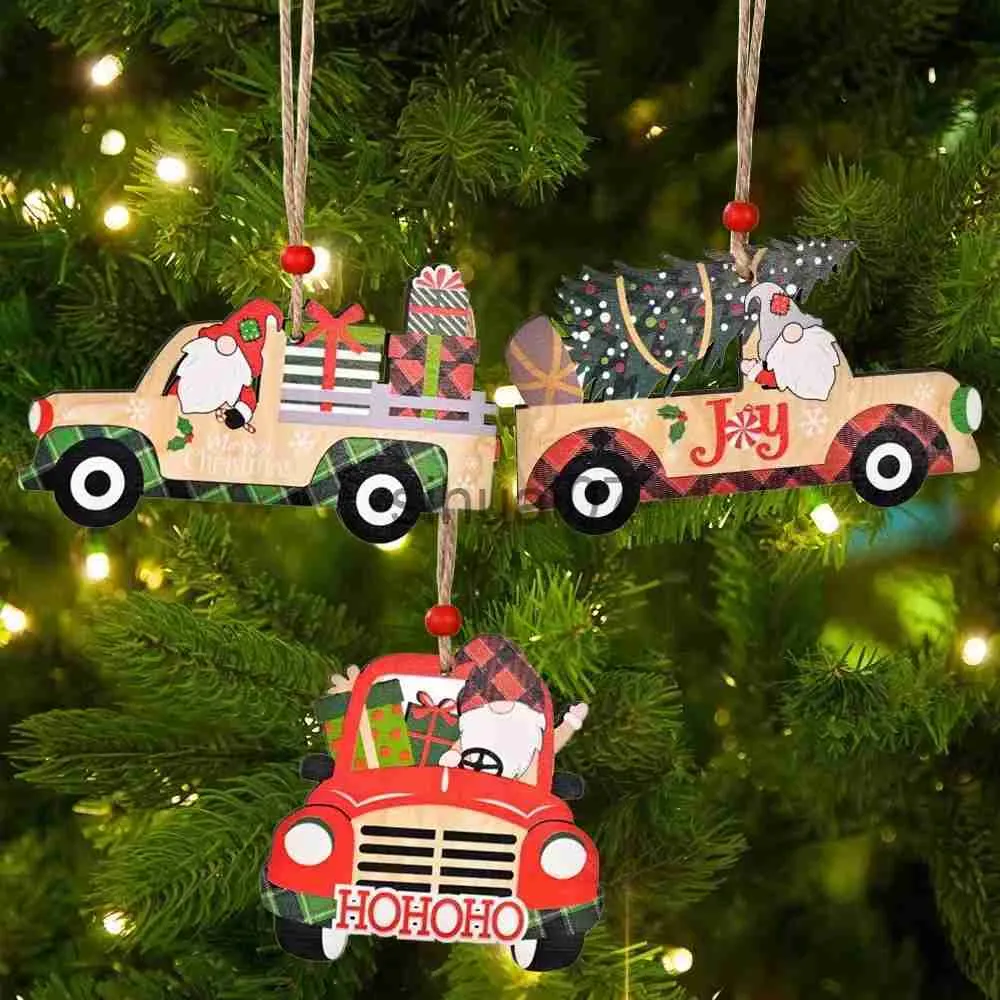 Kerstversiering 3 Rode Vrachtwagen Hangende Houten Decoratieset Kerstman Vrolijk Kerstfeest Auto Vintage Ambachtelijke Kerstboom Tuindecoratie x1020