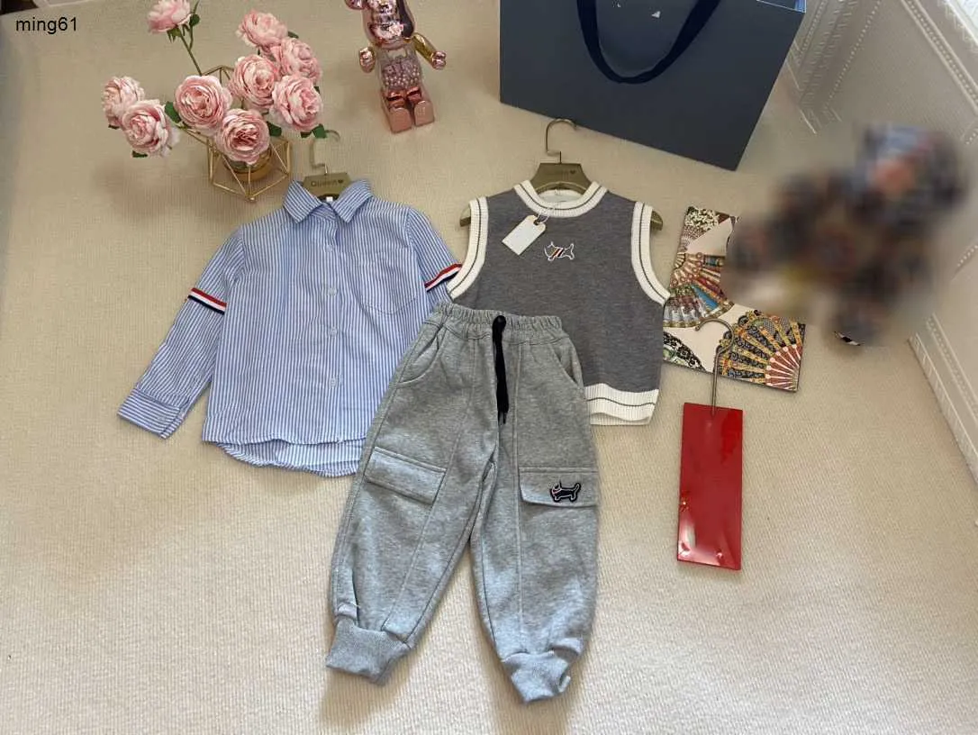 Varumärke Baby Clothes Autumn Kids Tracksuits Three-Piece For Boy Girl Size 90-140 CM Sticked Vest Shirt and Sports Pants Oct15