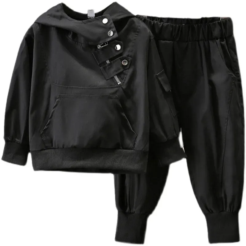 Ensembles de vêtements Bébé Garçons Noir Survêtement À Capuche Ensembles De Pantalon À Capuche Demi-Zip Enfants Costume De Jogging Enfants Tenues De Travail Pour Printemps Automne 1-11 Ans 231020