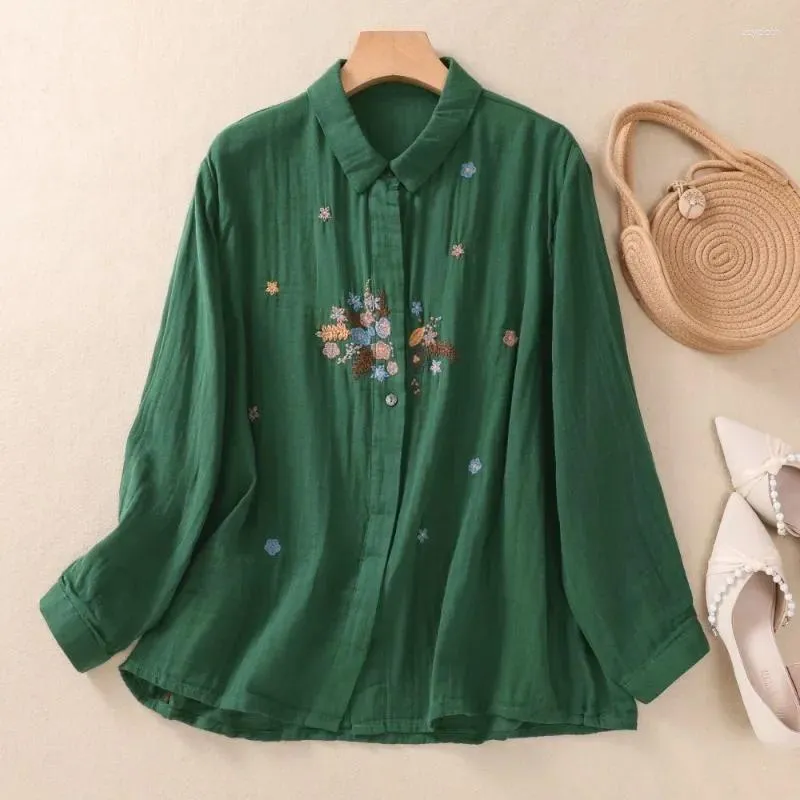 Women's Blouses Vintage Shirts Solid Loose Embroidery Spring/Summer Ladies Clothing FASHION Long Sleeves Cotton Linen Tops