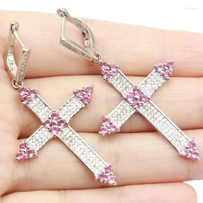 Orecchini pendenti 56x30mm Splendida croce tormalina rosa CZ bianca Fidanzamento da donna Argento Goccia all'ingrosso