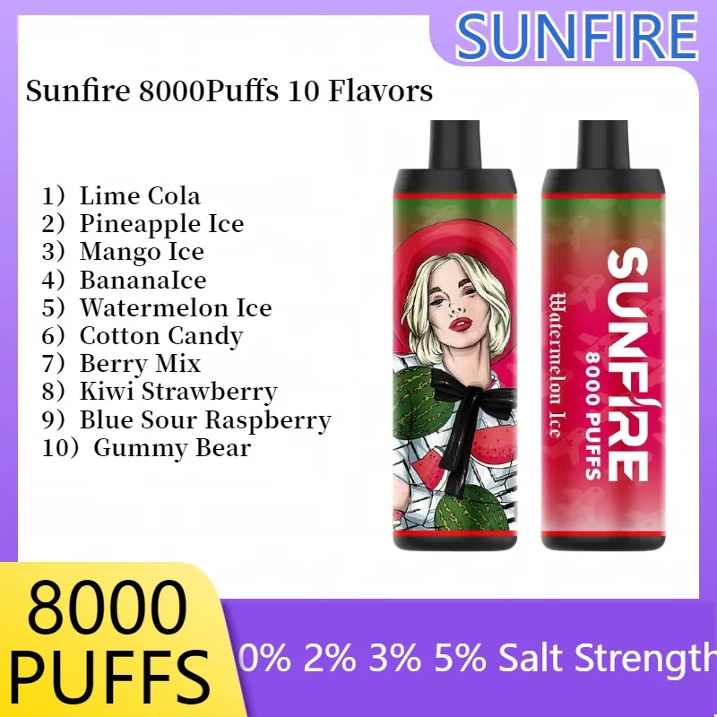 Sunfire Puff 8000 Actory Bezpośrednie sprzedaż Hot Styl OEM/ODM 2% 18 ml E-Juice Pojemność Smak wielokrotności Dostęp do Tornado Vape Elektroniczny papieros Pen 10 Smaki 10 Smaki