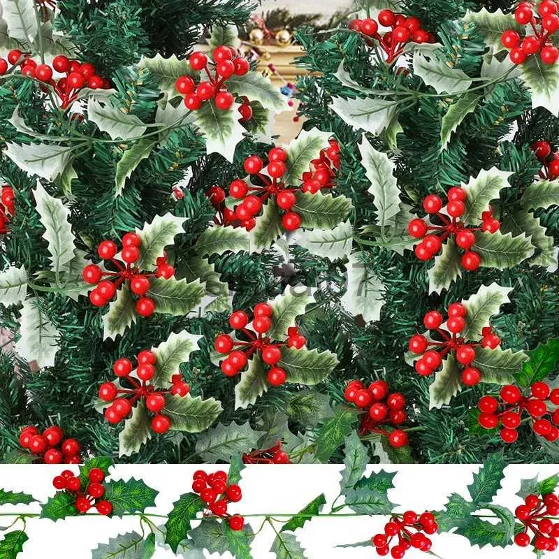 Decorazioni natalizie Bacca di agrifoglio artificiale 2M con foglie utilizzate per matrimoni domestici Decorazioni per feste di Natale piante finte di vite di mirtillo rosso granito x1020