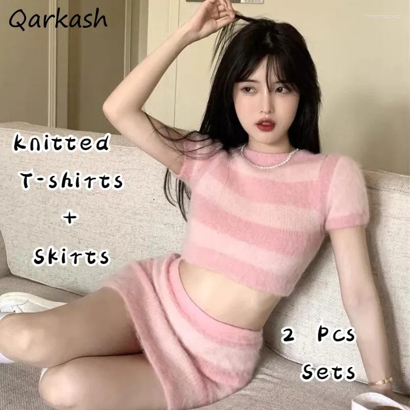 Work Dresses 2 Piece Sets Women Knitted Pink T-shirts Short Sleeve Mini Skirts Sheath Crop Tops Y2k Outfits Striped Panelled Sexy Cute