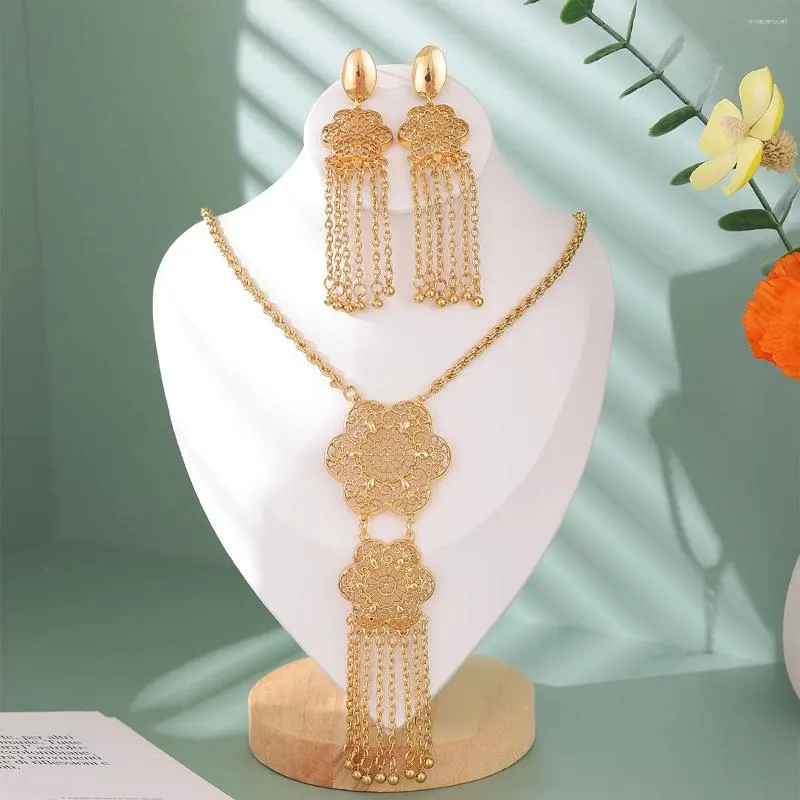 Necklace Earrings Set Dubai Gold Plating For Women Luxury Jewelry African Party Golden Arabic Wedding Artificial Bridal Brazilian