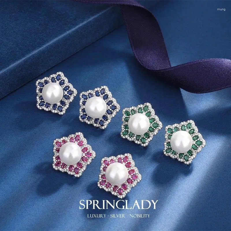 Colares pendentes Springlady 2023 Trendência 10mm Pérola branca rubi esmeralda safira brincos para mulheres Charmos de jóias finas aniversário