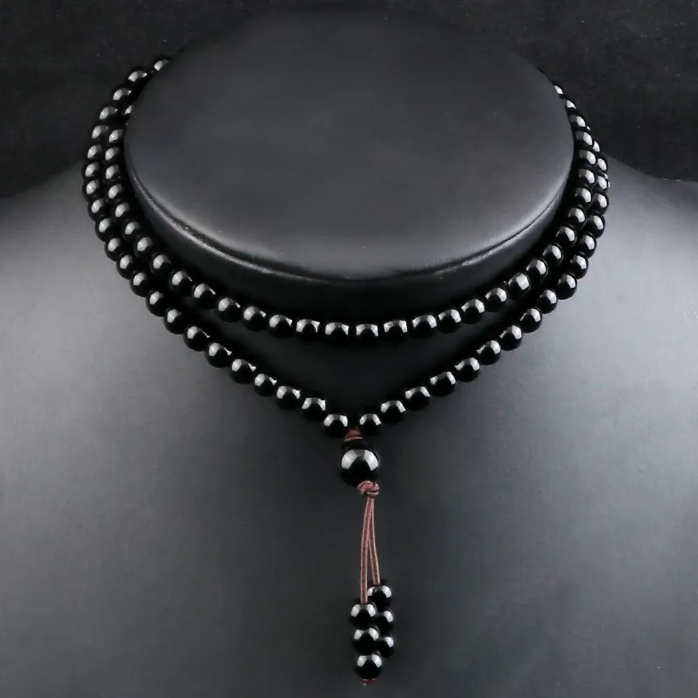 Collana con perline in pietra naturale nera lucida, ossidiana, onice opaco, 108 perline