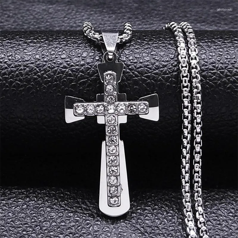 Pendant Necklaces Cross Amulet Crystal Men Chain Necklace Silver Color Stainless Steel Jewelry Cruz Acero Inoxidable N4927S06