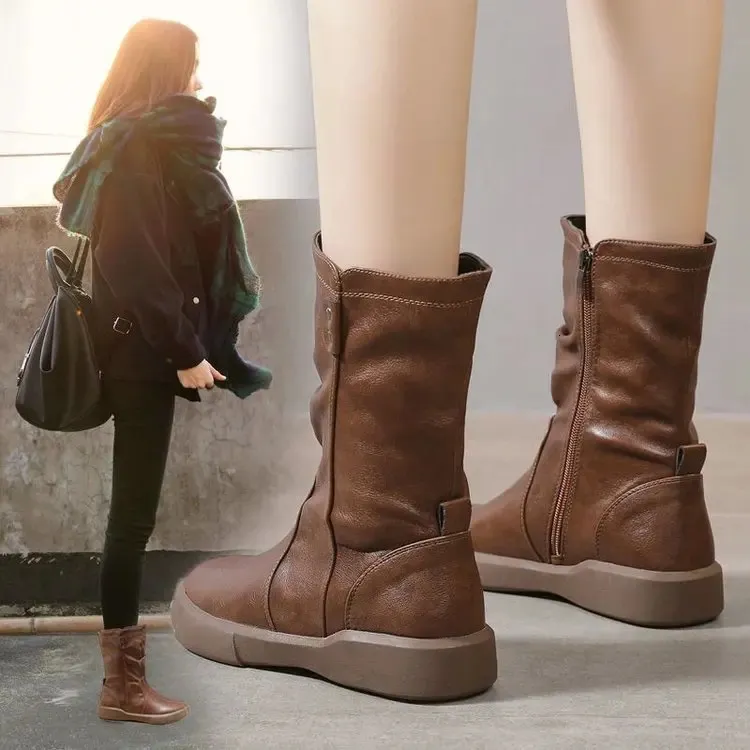 Boot Ankle Boots Ladies Shoes Slip On Mid Calf Platform Soft Pu Leather Long Footwear Woman Autumn Winter 231019
