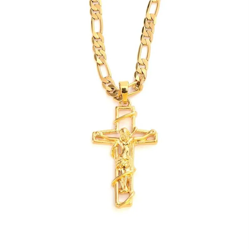 24 k Solid Fine Yellow Gold GF Mens Jesus Crucifix Cross Pendant Frame 3mm Italian Figaro Link Chain Necklace 60cm2671