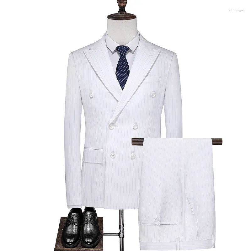Costumes pour hommes (Blazer Gilet Pantalon) Luxe Mens Bureau Formel Business Rayé Et Grille Trois Pièces Double Décharge Groom Robe De Mariée