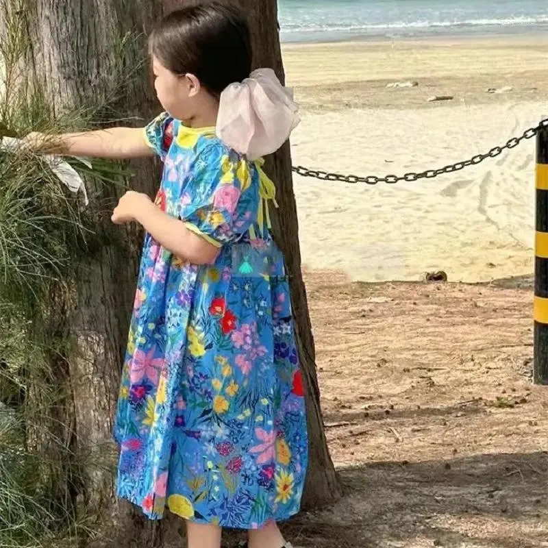 Vestidos de menina meninas flor cor contraste vestido de renda princesa 2023 verão manga curta criança crianças usam roupas