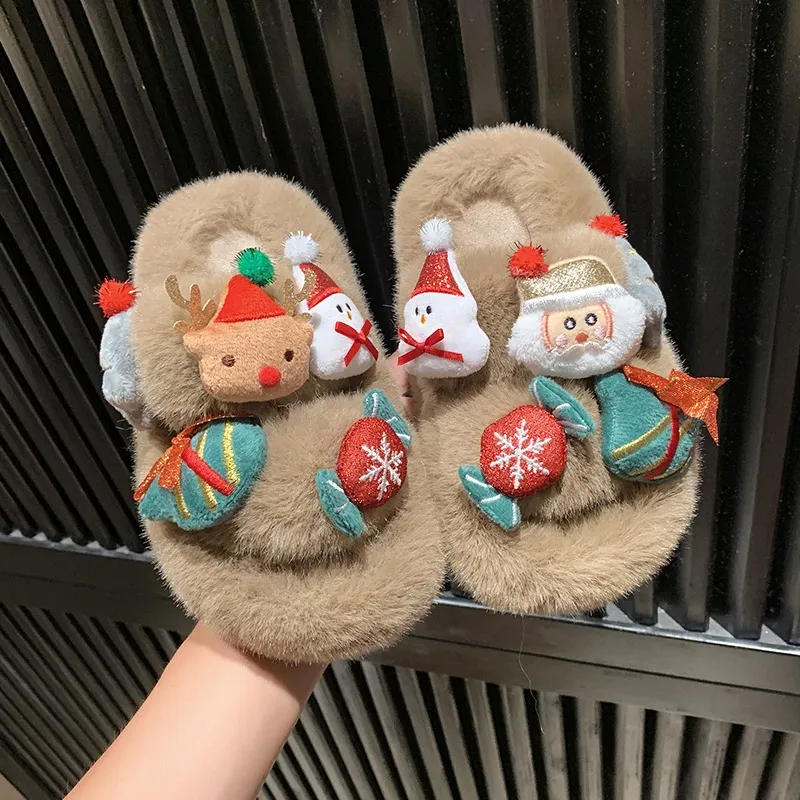 Filles mignon dessin animé noël nouvelles pantoufles moelleuses automne et hiver nouveau porter une ligne coton glisser princesse chaussures kaki